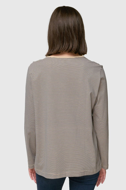 L/S Crew Neck Jersey Knit Striped Tee - Charcoal