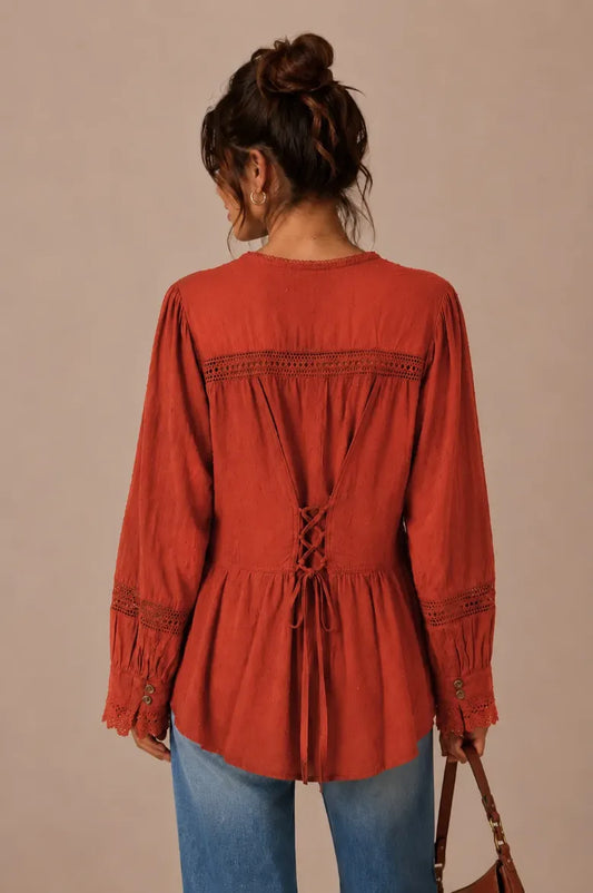 Swiss Dot Crochet Trim Button Down Top - Rust