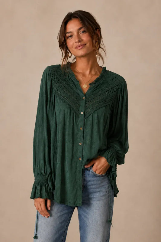 Swiss Dot Peasant Sleeve Button Down Top - Hunter