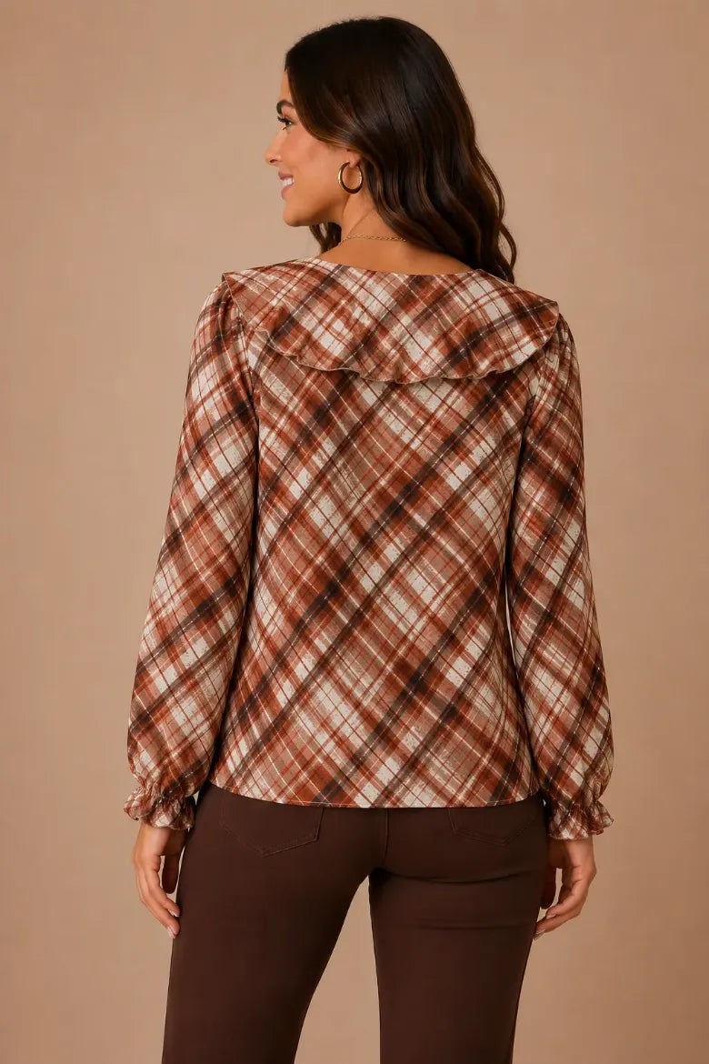 Plaid Linique Ruffle Peasant Sleeve Top