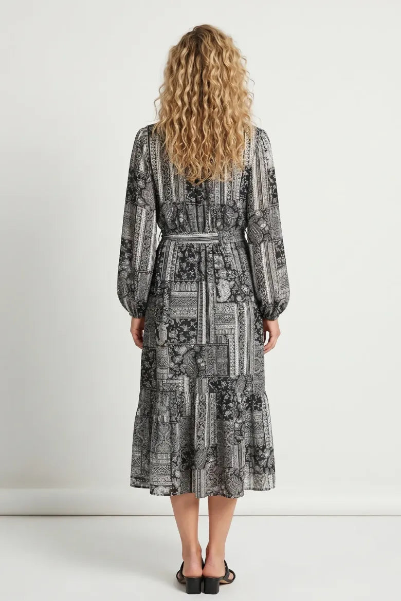 Georgette Banadana Print Self Sash Midi Dress