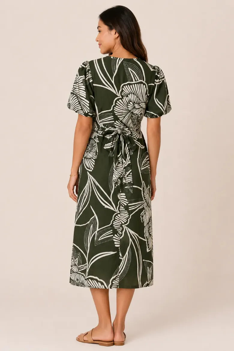 Puff Sleeve V-Neck Midi Dress - Green