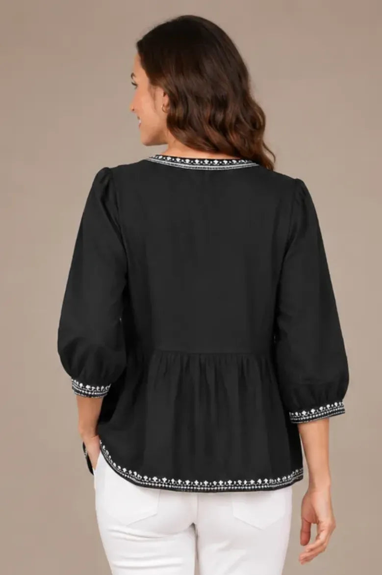 Embroidered Split Neck 3/4 Sleeve Blouse - Black/White