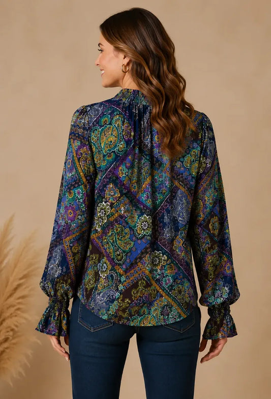 Floral Lurex Tie Front Blouse - Multi