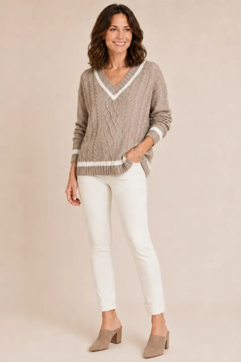 V-Neck Cable Knit Sweater