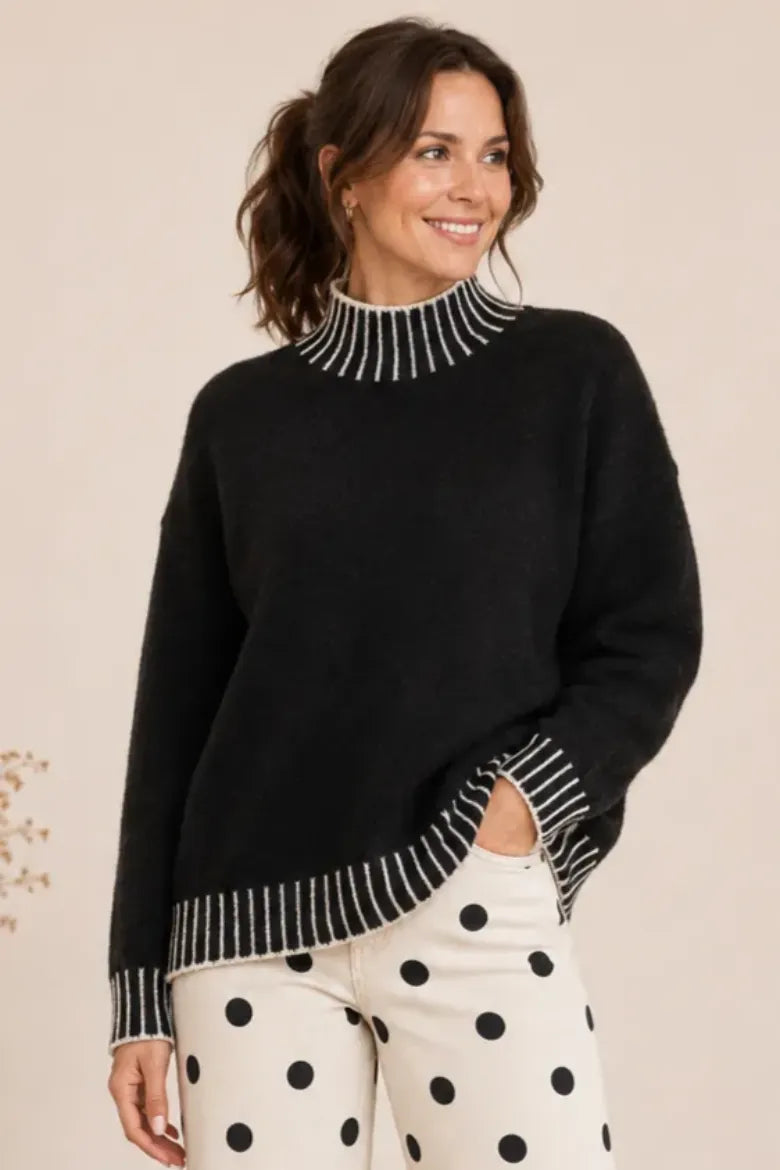 Mock Neck Fuzzy Sweater w/ Contrast Stitching
