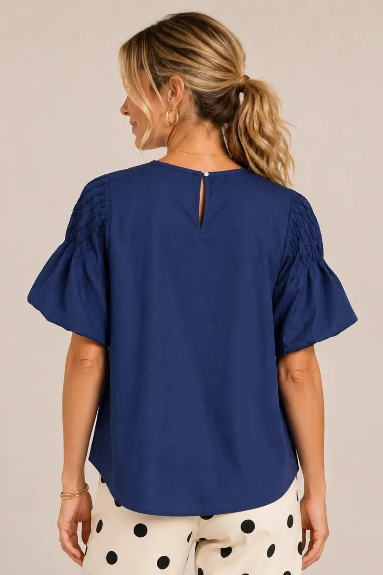 Tencel Puff Sleeve Smocked Yoke Blouse