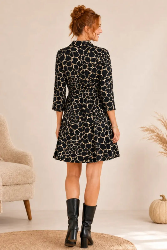 Linique Animal Button Down Self Sash Dress