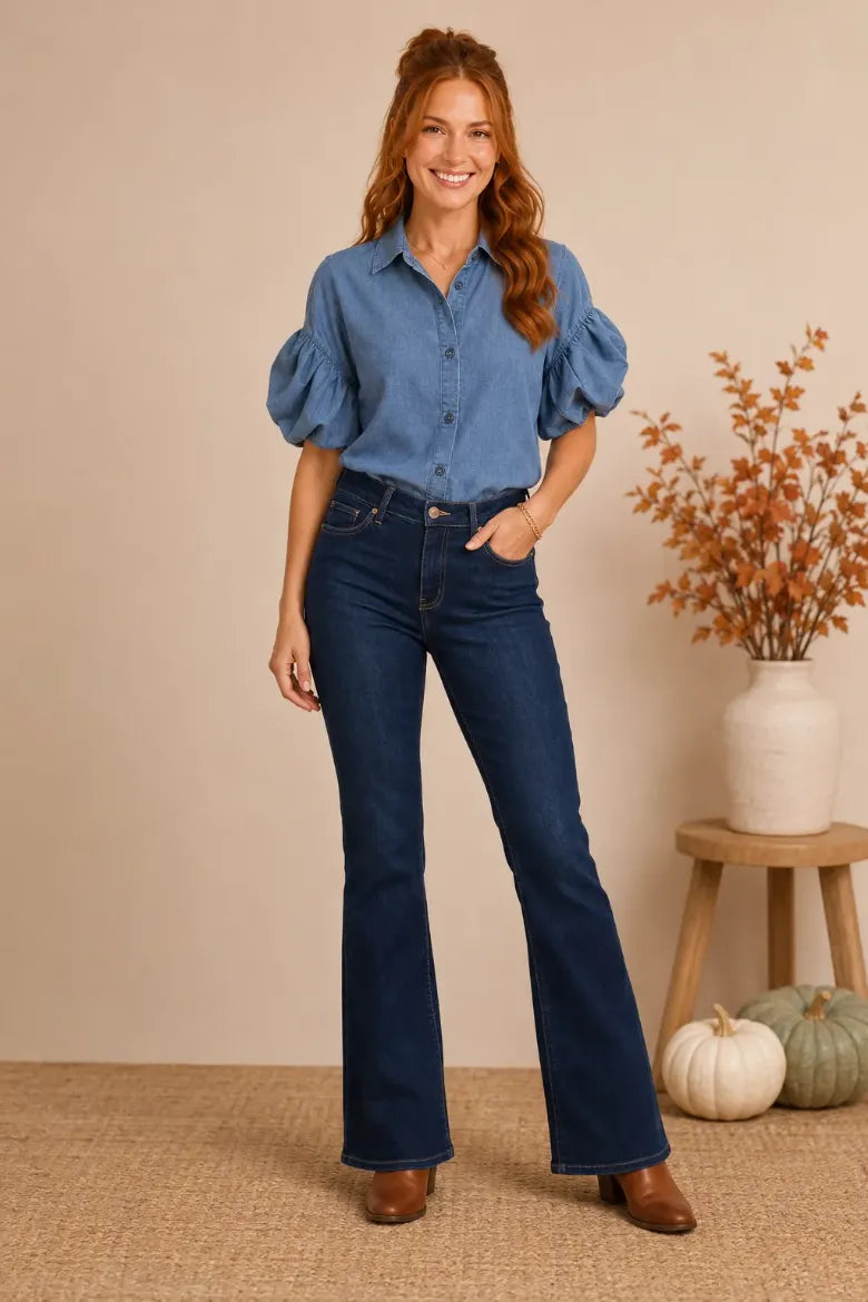 Tencel Puff Sleeve Button Front Shirt - Medium Wash