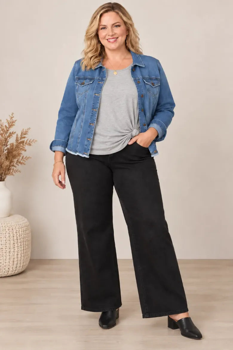 Frayed Hem Denim Jacket - Curvy