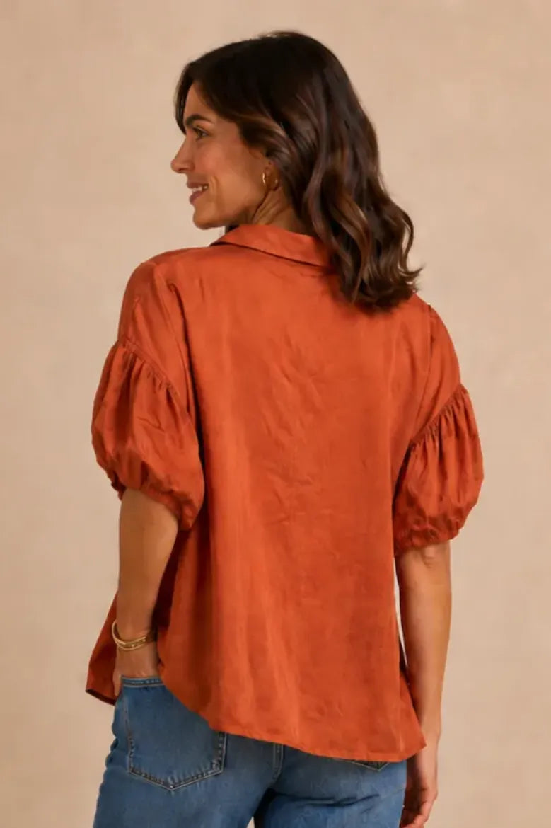 Tencel Puff Sleeve Button Front Shirt - Bombay Brown