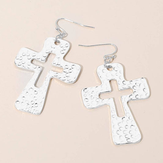 Hammered Metal Open Cross Drop Dangle Earrings