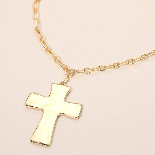 Hammered Metal Cross Pendant Paperclip Link Chain Necklace