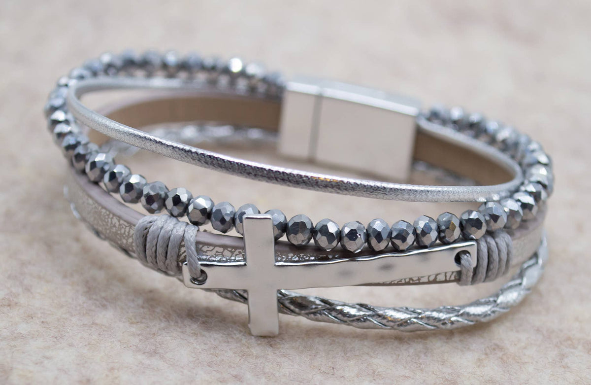 Silver Cross Bracelet – Beaded Cross Multi-Strand Bracelet