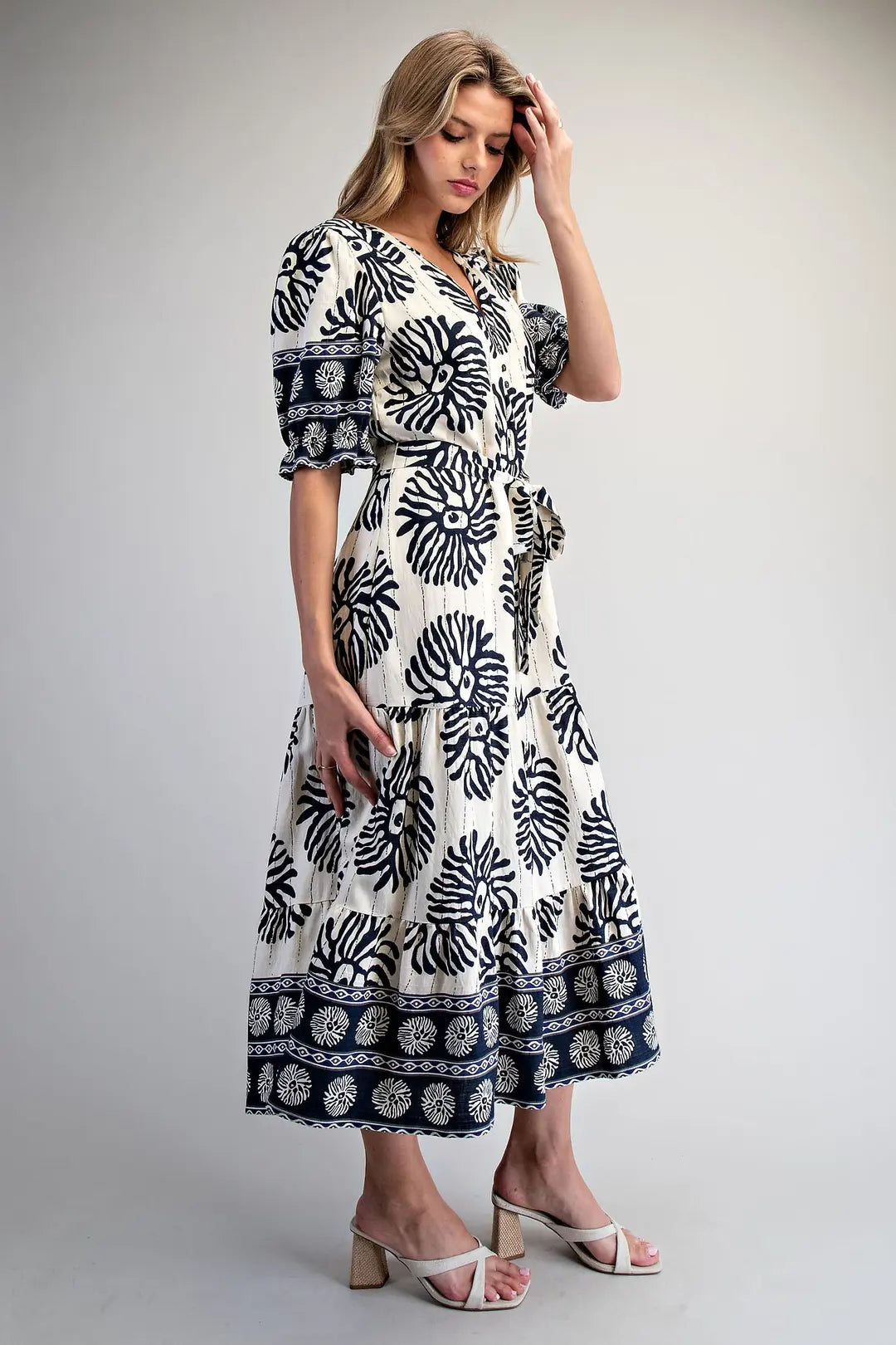 EESOME: Printed Waist Tie Midi Dress - Navy & White