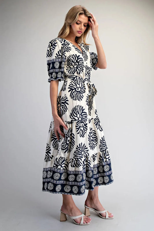 EESOME: Printed Waist Tie Midi Dress - Navy & White