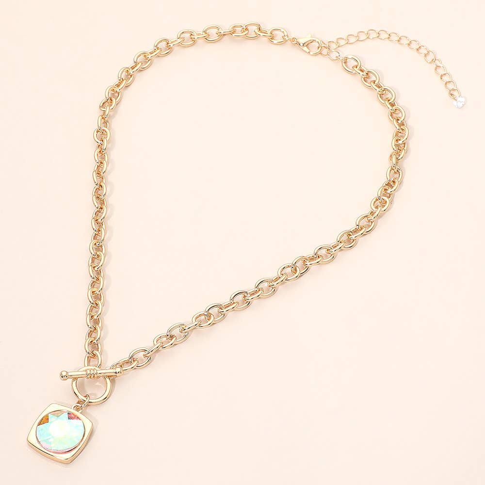 Round Faceted Stone Accent Frame Toggle Pendant Necklace
