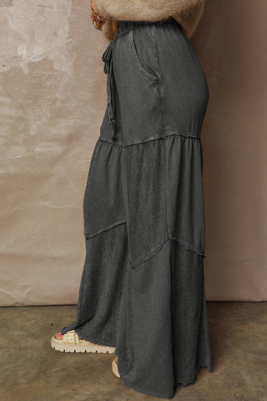 Mineral Wash Tiered Wide Leg Patch Drawstring Pants | S-XL