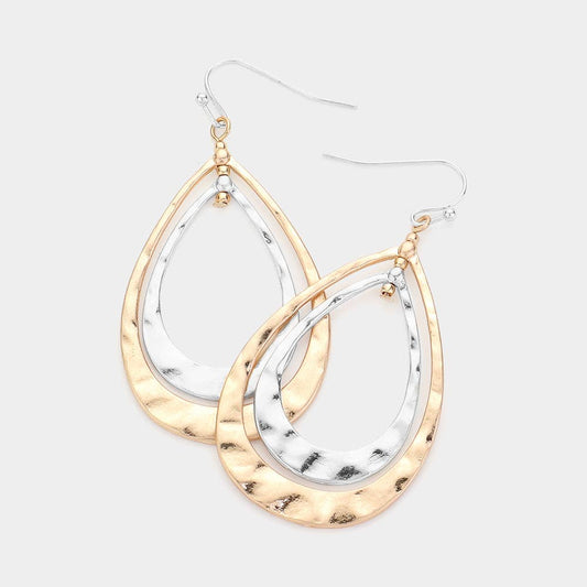 Hammered Metal Double Layered Teardrop Dangle Earrings