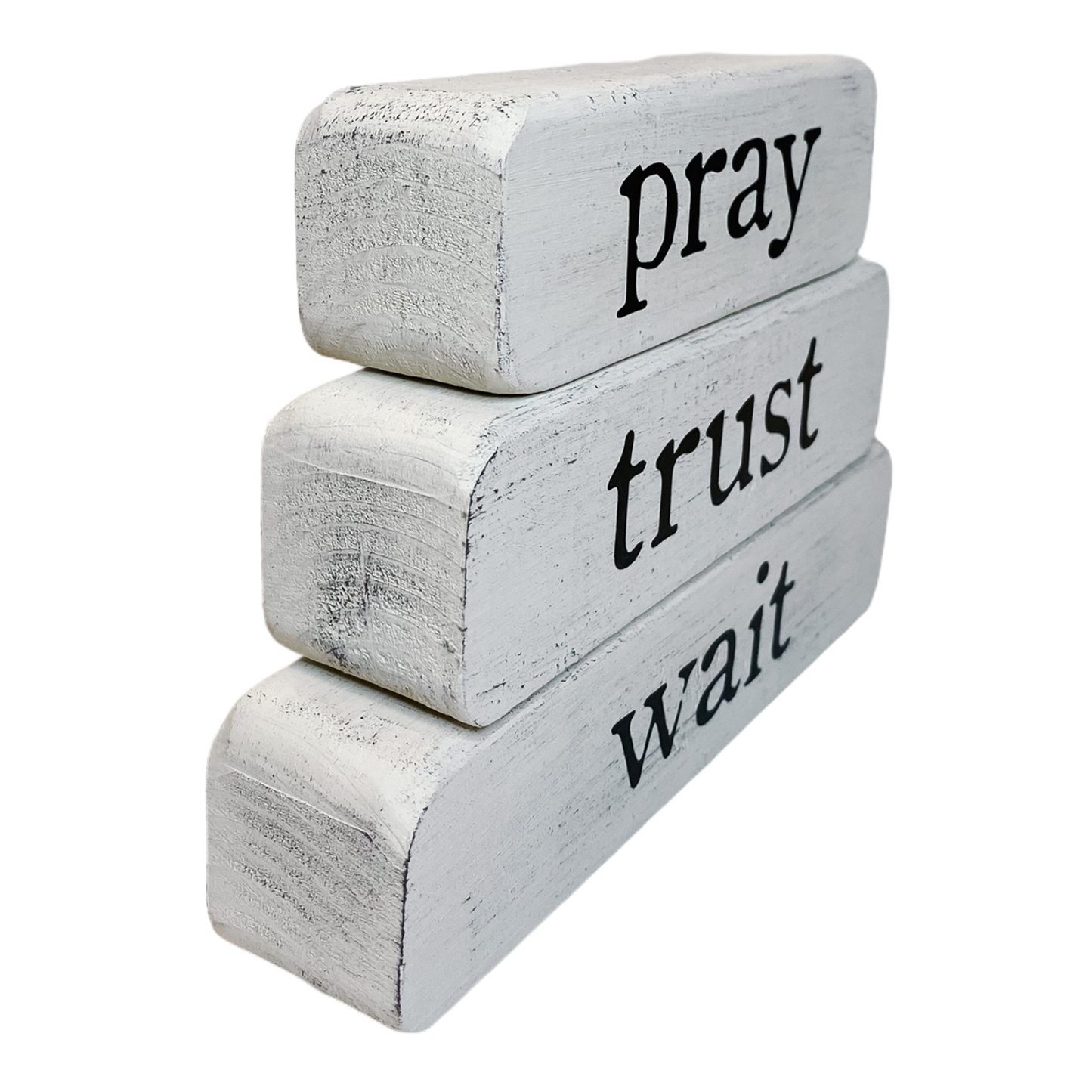 Christian Gift – Pray Trust Wait – White Stacked Blocks