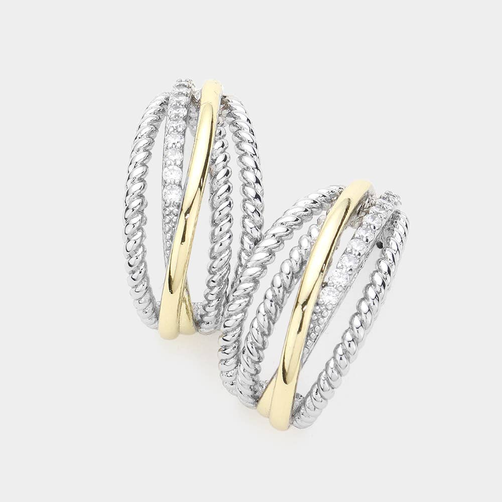 14K Gold Plated Two Tone CZ Stone Paved Rope Hoop Earrings