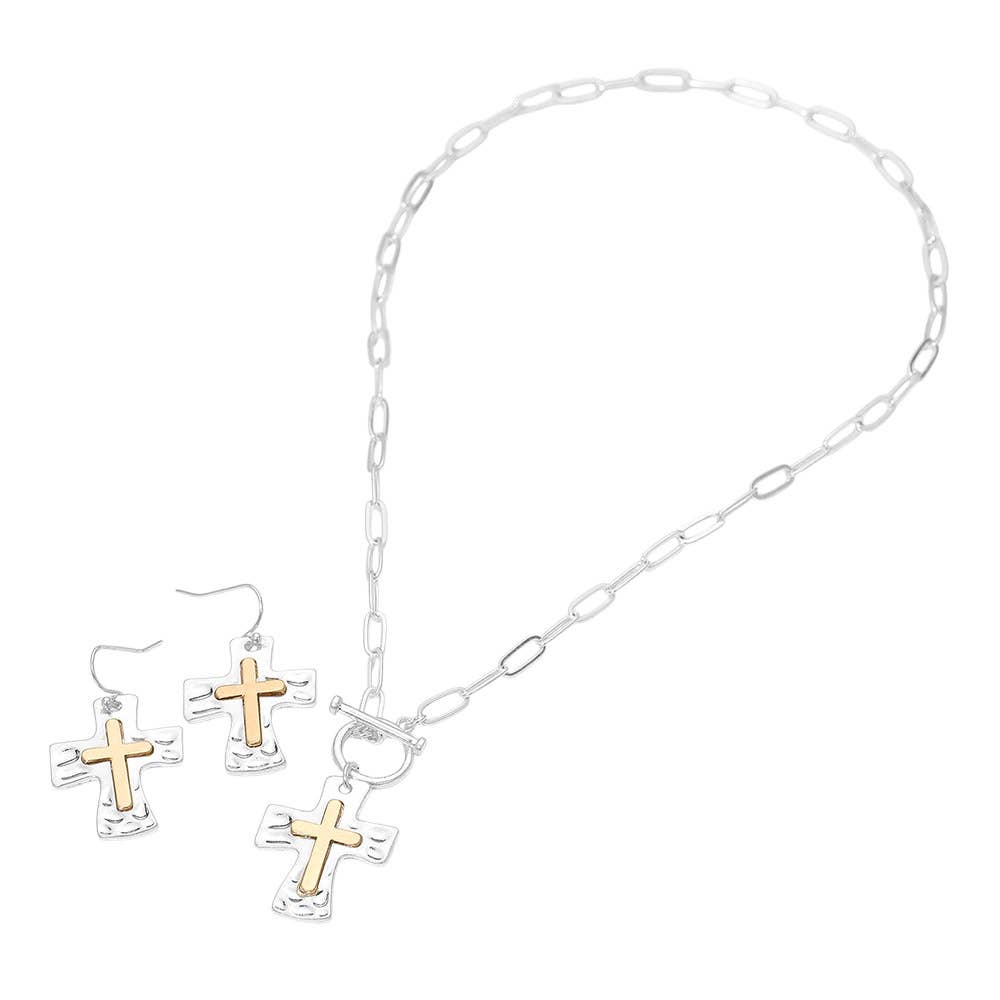 Brushed Hammered Metal Cross Pendant Paperclip Chain Toggle Necklace