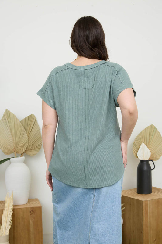 PLUS RAW EDGE V NECK EXTENDED SLEEVE KNIT TOP - Sage
