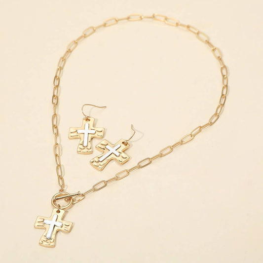 Brushed Hammered Metal Cross Pendant Paperclip Chain Toggle Necklace