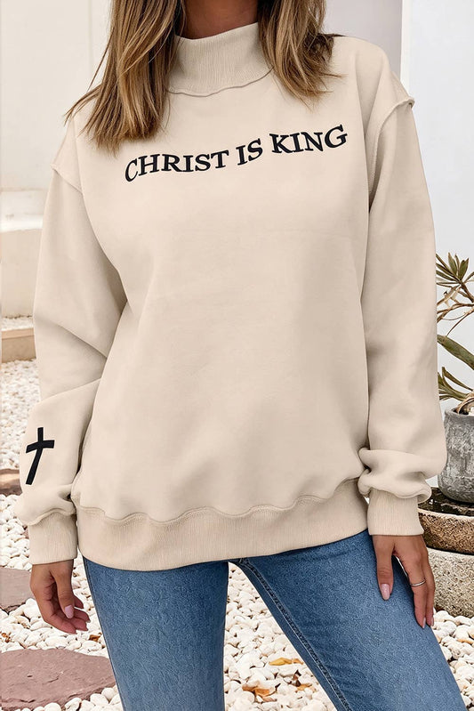 CHRIST IS KING Embroidery Mock Neck Baggy Sweatshirt