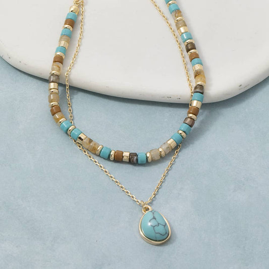 Layered Turquoise Stone Pendant And Bead Necklace