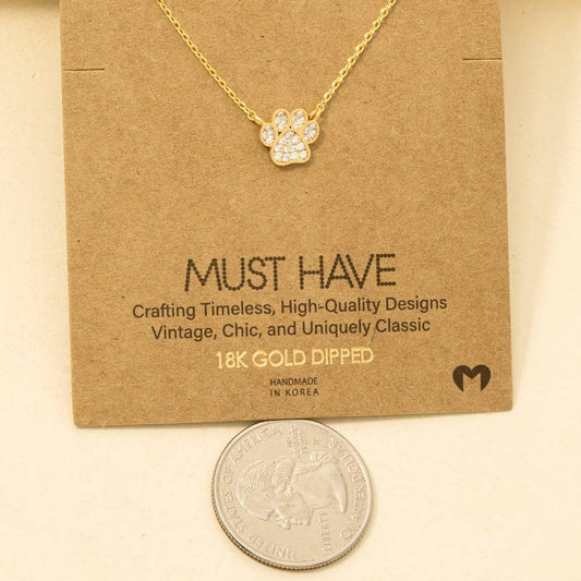 Gold Dipped CZ Pave Dog Paw Pendant Necklace