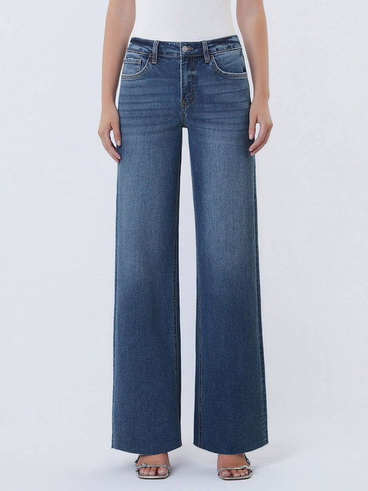 LOVERVET HIGH RISE DARK WASH CLEAN CUT RAW HEM WIDE JEANS LV1134
