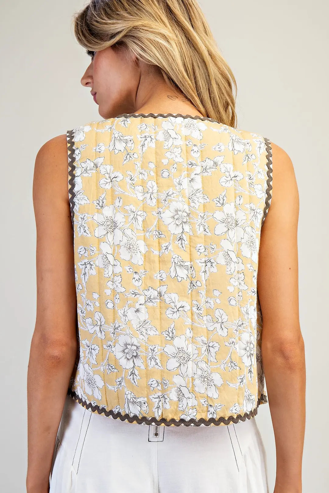 Floral Printed Tie Front Quilted Vest by EE:SOME