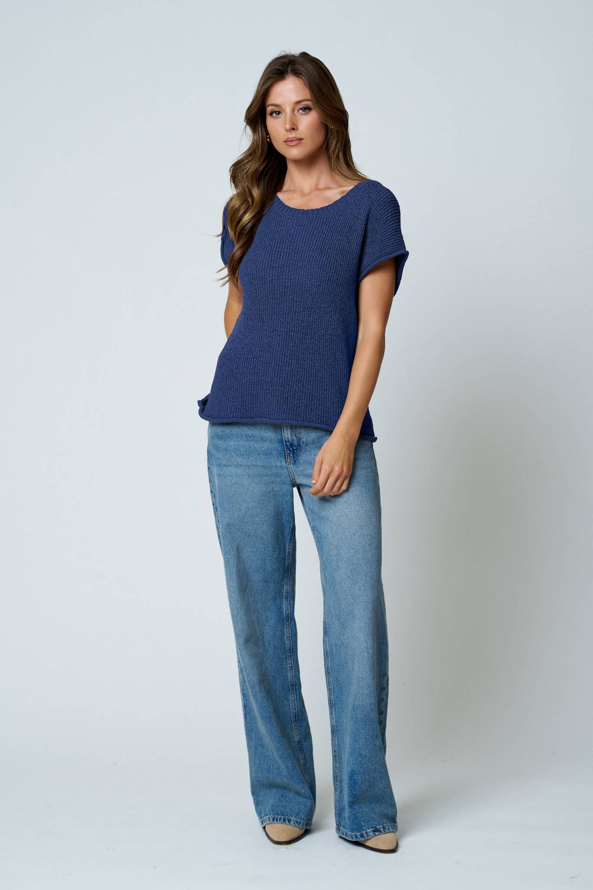 Blue Pepper CREW NECK RAW SLEEVE RELAXED SWEATER KNIT TOP