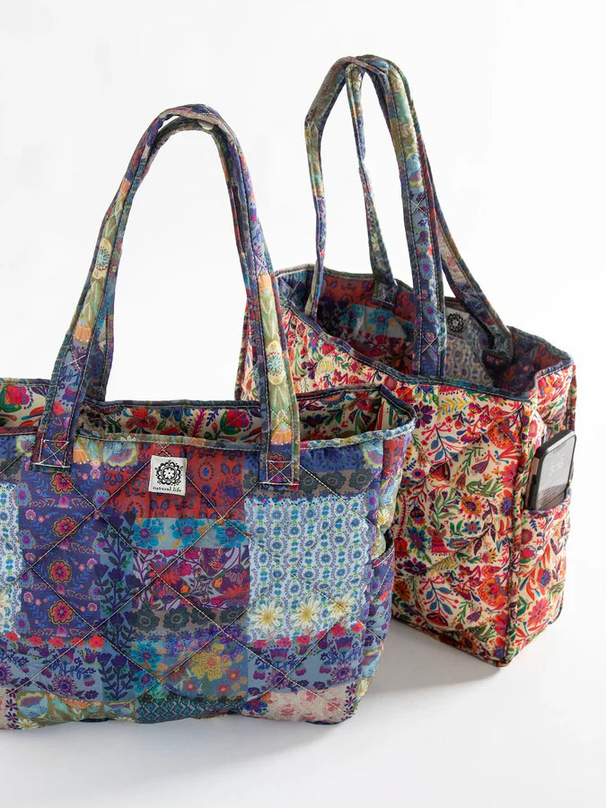 NL Reversible Puffy Tote Bag - Large Blue Patchwork