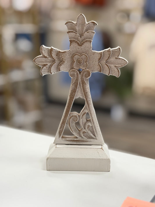 White Washed Carved Cross on a Stand