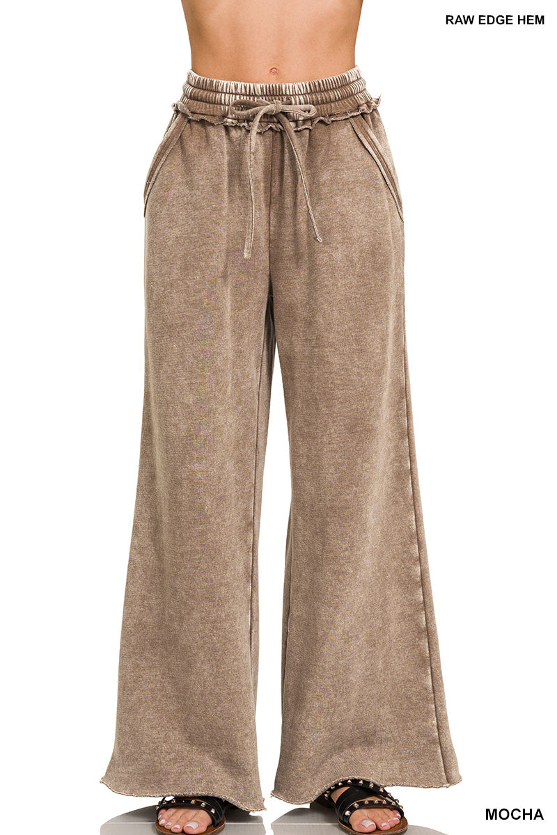Zenana ACID WASH FLEECE PALAZZO SWEATPANTS WITH POCKETS