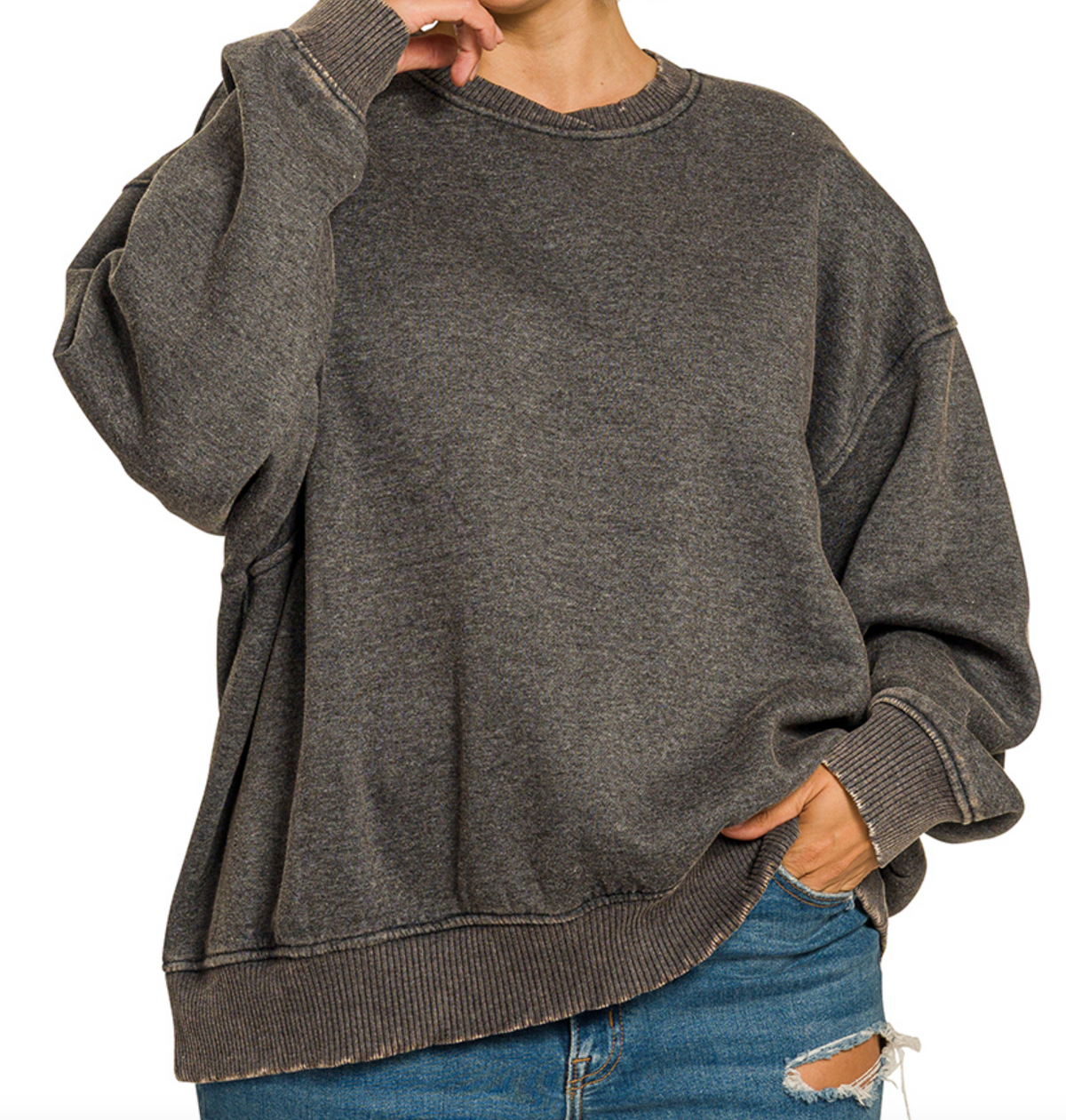 Zenana PLUS ACID WASH OVERSIZED FLEECE PULLOVER