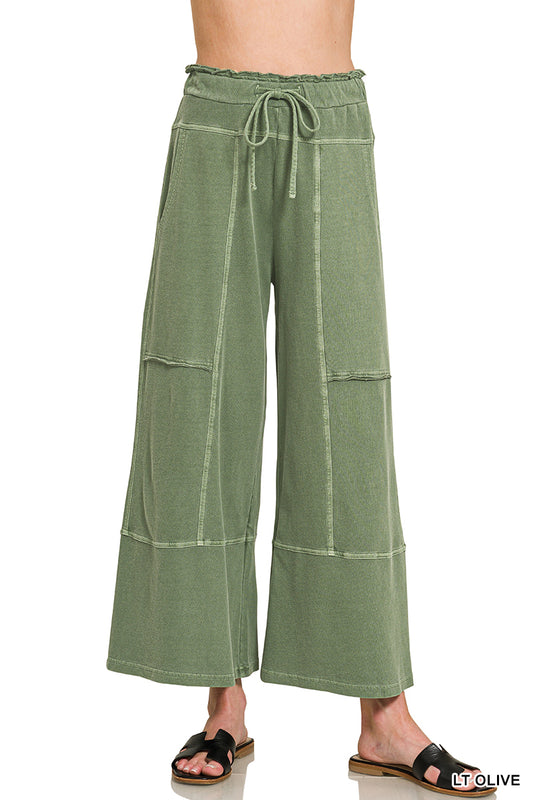 Zenana PLUS FRENCH TERRY WASHED EXPOSED-SEAM WIDE LEG PANTS