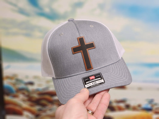 Brown Leatherette Patch Hat – Grey White Mesh Trucker