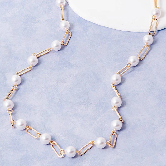 Long Pearl & Paperclip Chain Necklace