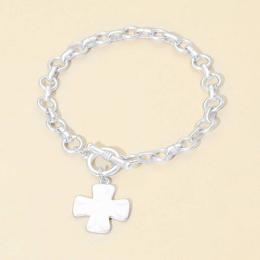Matte Hammered Metal Cross Charm Toggle Chain Link Bracelet
