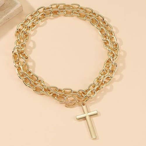 PUFFY CROSS CHUNKY CHAIN STATEMENT TOGGLE NECKLACE |40NK9668