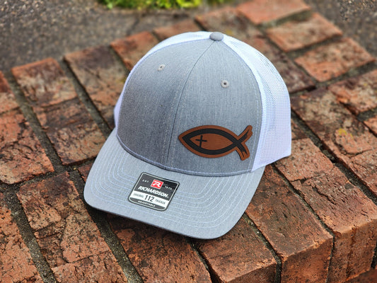 Ichthys Fish Leather Patch Hat – Grey Faith Trucker