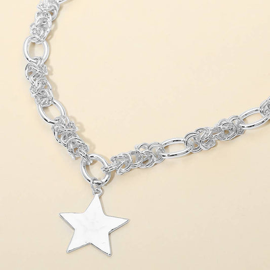 Hammered Metal Star Pendant Chunky Mixed Chain Necklace