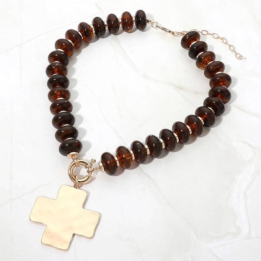 Hammered Metal Cross Pendant Accent Chunky Beaded Necklace