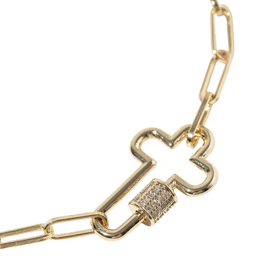 Gold Dipped CZ Stone Paved Open Cross Carabiner Paperclip Link Chain Anklet