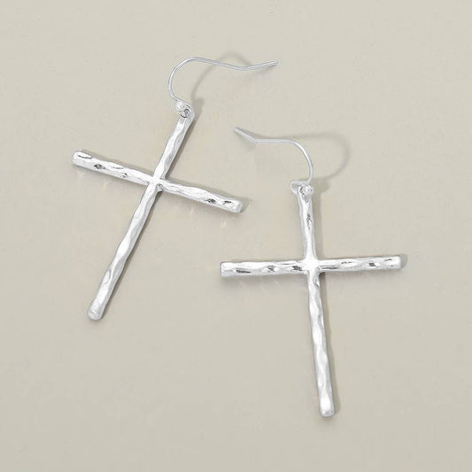 Hammered Metal Cross Charm Drop Dangle Earrings