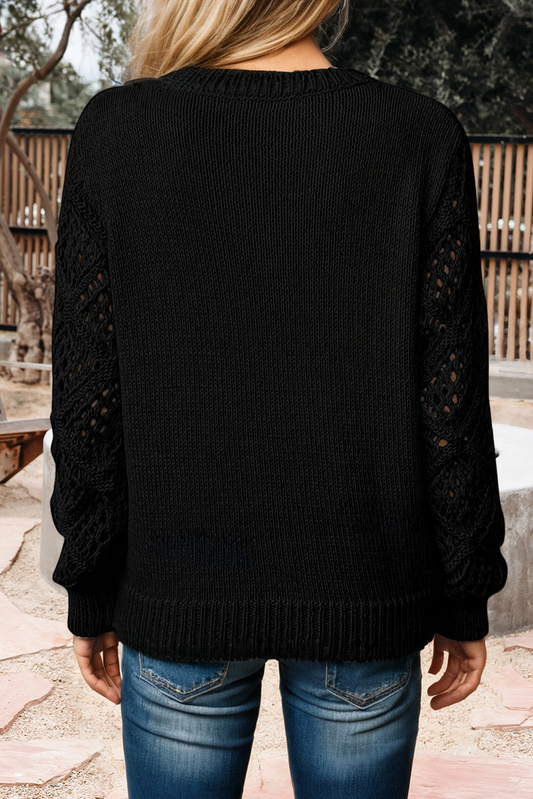 Solid V Neck Pointelle Knit Sleeve Patchwork Sweater (S-XL)