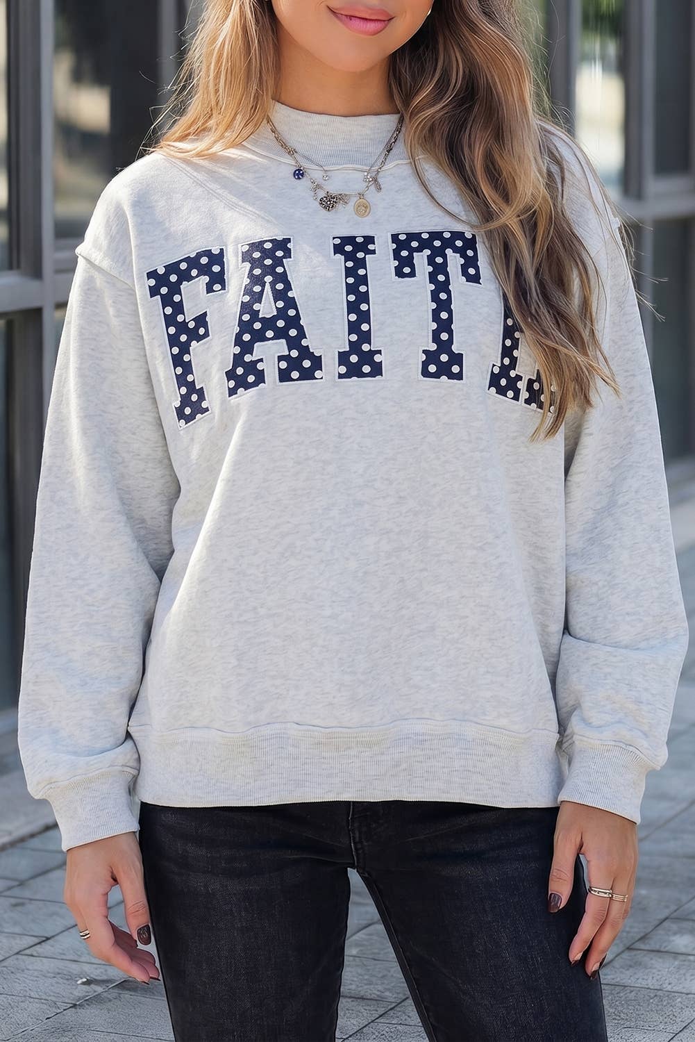 FAITH Slogan Polka Dot Long Sleeve Mock Neck Sweatshirt S-4X
